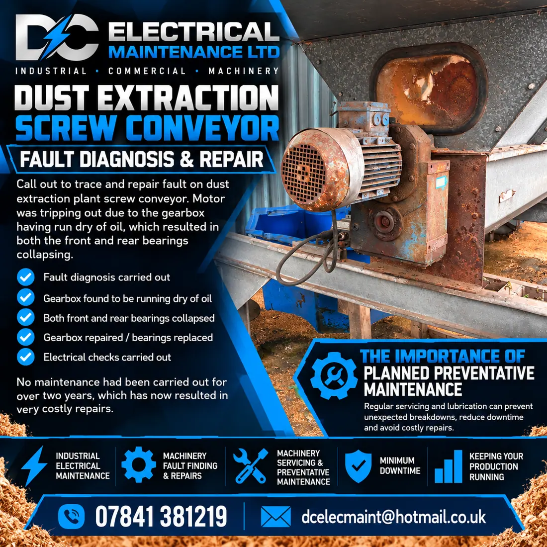 Dust extraction screw conveyor gearbox and bearing repair